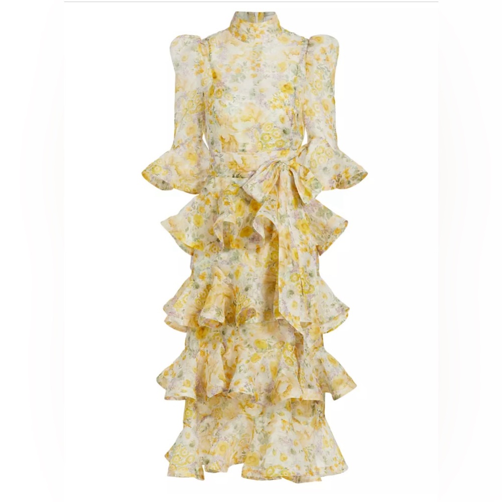 Zimmermann size 1 harmony floral tiered ruffle midi dress citrus garden NEW